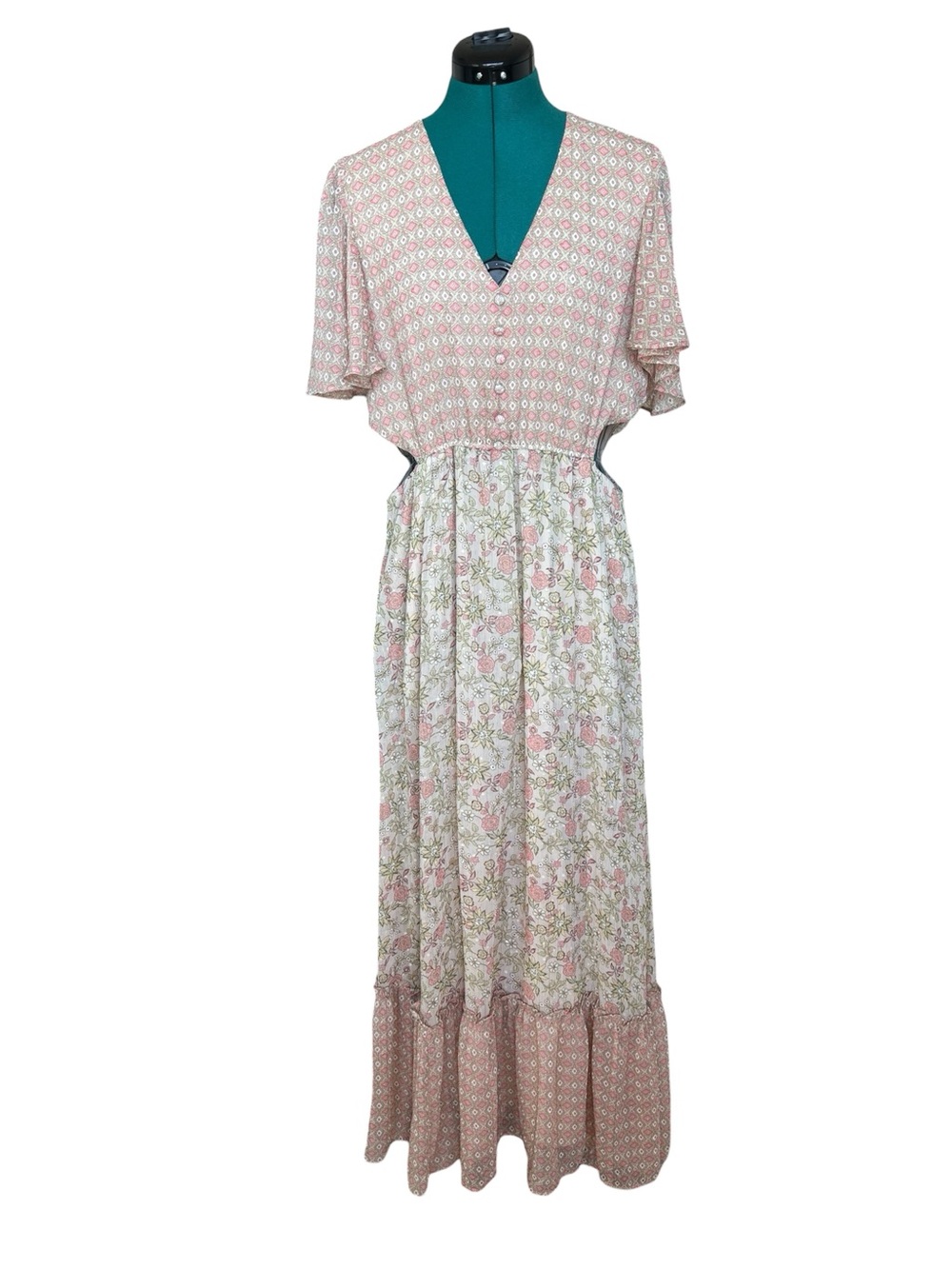 Taylor Pink Floral V-Neck Cut-Out Maxi Dress Short Flutter Sleeves